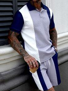 Manfinity Homme Men's Casual Daily Set With An INS-Inspired Design, Featuring A Classic Navy, White, And Gray Color-Blocked Wheat-Ear Textured Knit Short-Sleeve Polo And Matching Shorts. The Outfit Includes A Button Placket And Is Perfect For Music Festivals, Hawaiian Beach Vacations, And Everyday Wear. It Also Makes A Great Gift For A Boyfriend Or Husband. Men's Casual Tri-Color Patchwork Textured Polo Shirt Set, Men Shorts Set, Men Two Pieces Outfits , Men Outfits 2 Pieces - Multicolor - View 2