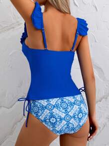 Swim Lushoire Women's Beach Vacation V-Neck Blue Ruffle Trim Top And Sexy High Waist Random Print Bikini Bottoms Two Pieces Swimsuit, Spring/Summer