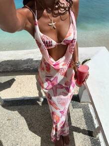 Opulessa Vestido de mujer con tirantes de espagueti y estampado tejido sin espalda