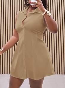 Slaydiva Plus Size Women's Elegant Office/Casual White Sleeveless Cinched Waist Shirt Dress, Spring/Summer,Sun Dresses For Women