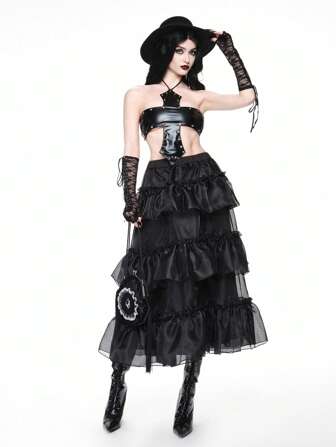 Goth Elegant Retro Romantic Gothic 3 Layers Layered Organza A-Line Skirt