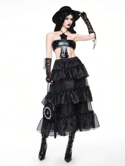 Jupe élégante à ligne A en organza à 3 couches, style rétro romantique gothique