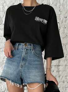 DAZY Áo thun hở vai họa tiết chữ mùa hè cỡ lớn - màu đen - Xem 5
