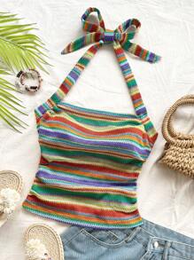 Soleia 女式彩色条纹挂脖休闲度假上衣 - 彩色 - 查看 5