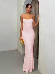 SHEIN BAE 夏季海滩度假纯色浅黄色吊带露背长裙，适合日常约会、夜间外出、夜总会、派对、聚会、鸡尾酒会、泳池派对、返校季服装、学校季服装、节日服装、音乐节服装、乡村音乐节服装、音乐会服装 - 淺粉色 - 查看 2