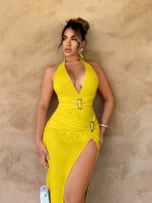 Zolique 深V领收腰百褶，金属装饰纽扣高开叉无袖纹理连衣裙，性感 - 黃色 - 查看 4