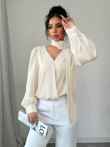 Elenzga Elegantes Damen Businesshemd mit einfarbigen Laternenärmeln, geeignet für den Berufsalltag