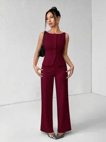 SHEIN PETITE 女士纯色圆领单排扣背心和裤子优雅通勤套装，夏秋季女装女套装办公室装商务休闲女两件套秋季女装办公室装女套装女式西装套装 - 酒紅色 - 查看 4