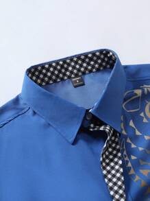 Manfinity AFTRDRK Men's Fashionable Long Sleeve Shirt In Royal Blue With Intricate Gold Pattern And Shirt Collar, For Fall - Royal Blue - View 5