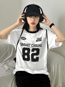 DAZY 女士撞色拼布短袖宽松字母印花T恤，春夏超大码T恤 - 白色 - 查看 4