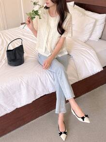 DAZY Women's Mock Layered Short Sleeve Textured Shirt, Solid Color Casual Everyday - Beige - View 4