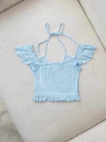 SHEIN Unity Camiseta con tirantes finos, ajustada, con mangas de casquillo, con volantes y encaje en color azul cielo, para primavera/verano - Azul - Ver 2