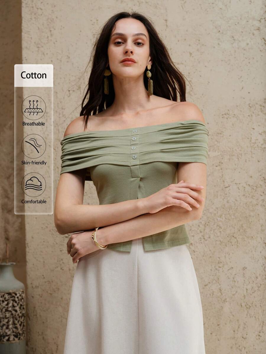 Chiquease Áo dệt kim đơn giản, màu trơn, thanh lịch, thiết kế bèo nhún, gợi cảm dành cho nữ, thích hợp mặc hàng ngày và đi nghỉ mát. - màu xanh lá - Xem 1