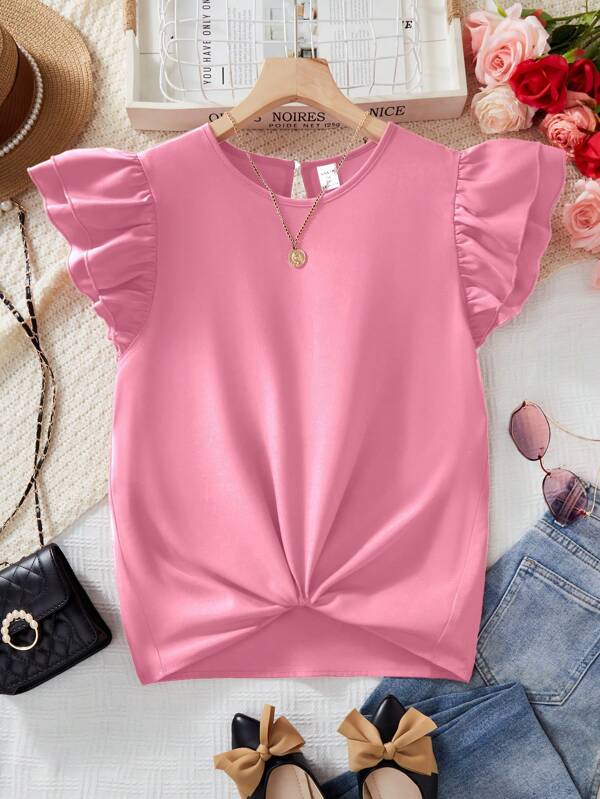 Solid Color Ruffle Lantern Sleeve Blouse For Teen Girls