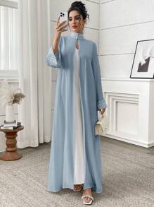 Yasmyna Women's Elegant Solid Color Beaded Decor Stand Collar Arabic Abaya, Modest Robe - Blue - View 6