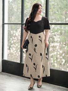 Dazy Plus Plus Size Color Block Short Sleeve Form-Fitting Elegant Dress,Casual Women Dresses - Black - View 4