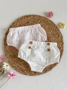 SHEIN 2pcs/Set Infant/Newborn/Toddler Girls' Cozy Button-Decor Striped Shorts Set, Spring/Summer New Arrival, Suitable For Daily Outings, Vacations, And Birthday Party - Multicolor - View 2