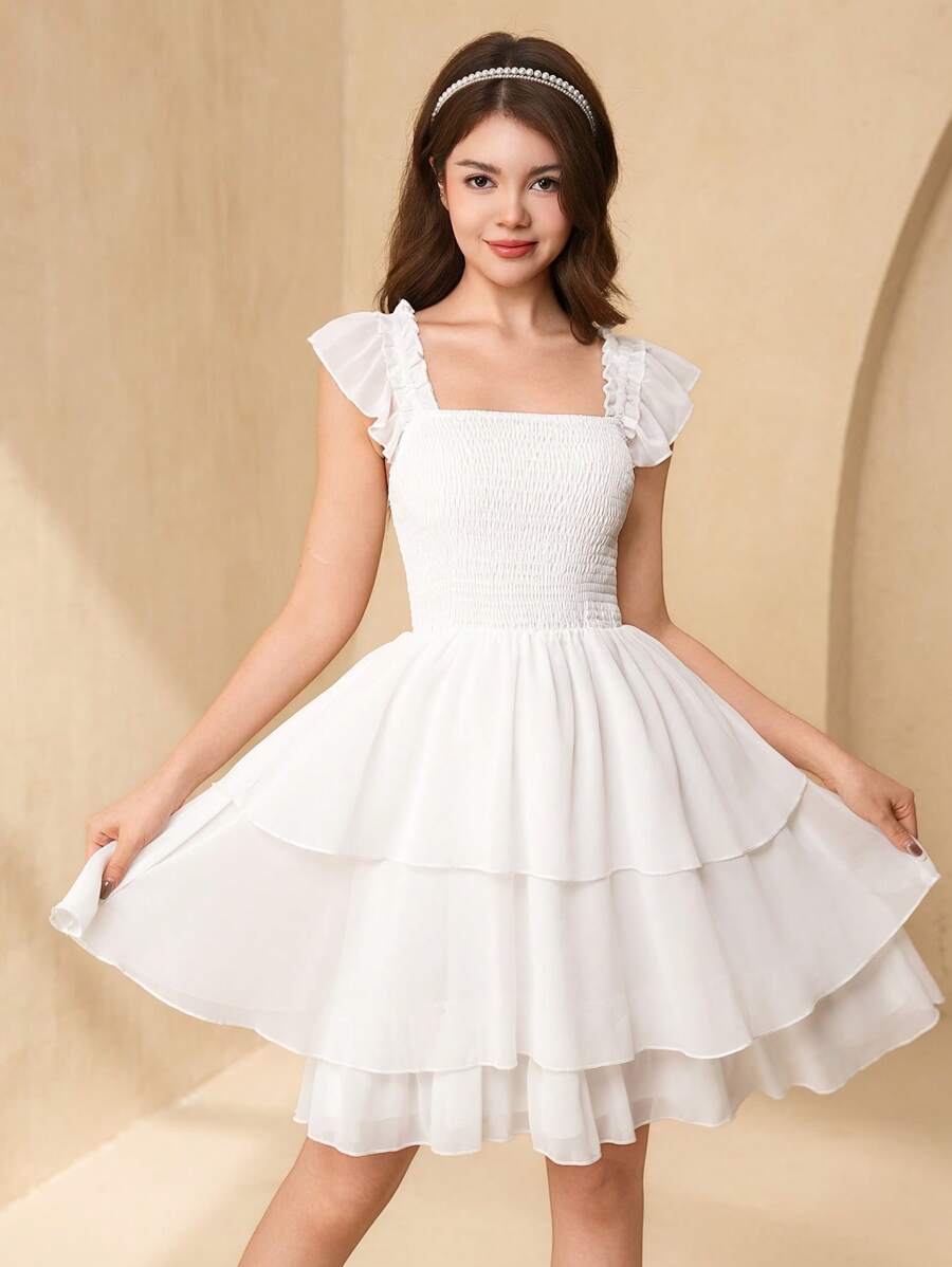 SHEIN 少女方领褶袖层叠下摆连衣裙，优雅派对婚礼宾客小伴娘礼服