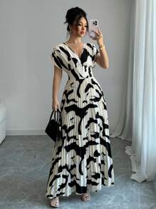 Rafferiza 杏黑色交叉裹腰褶饰女式短款连衣裙