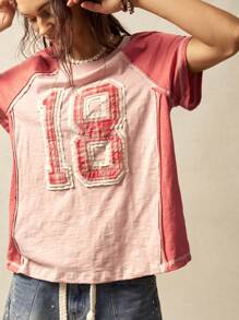 Bohemela 女式夏季波西米亚风格宽松针织纯色圆领短袖T恤，带数字刺绣