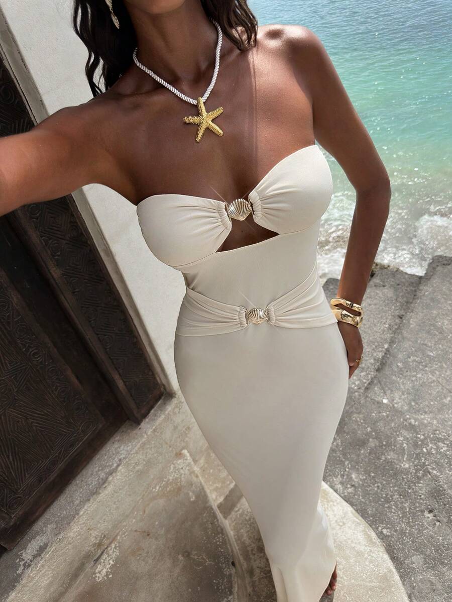 Opulessa Women's Boho Maxi Dress, Apricot Knitted Strapless Semi-Sheer Dress With Seashell Ring Detail, Sleeveless Beach Dress,Sexy Elegant Party,Graduation,Prom,Luxury Evening,Autumn Winter Clothes For Women,  Christmas Outfit For Women, National Day,  New Year Clothes,  Going Out Outfit, Wedding Guest