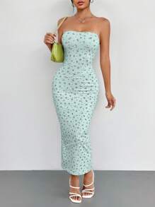 SHEIN PETITE Váy yếm bó sát mùa hè có họa tiết hoa nhỏ, màu hồng - Màu xanh Bạc hà - Xem 1