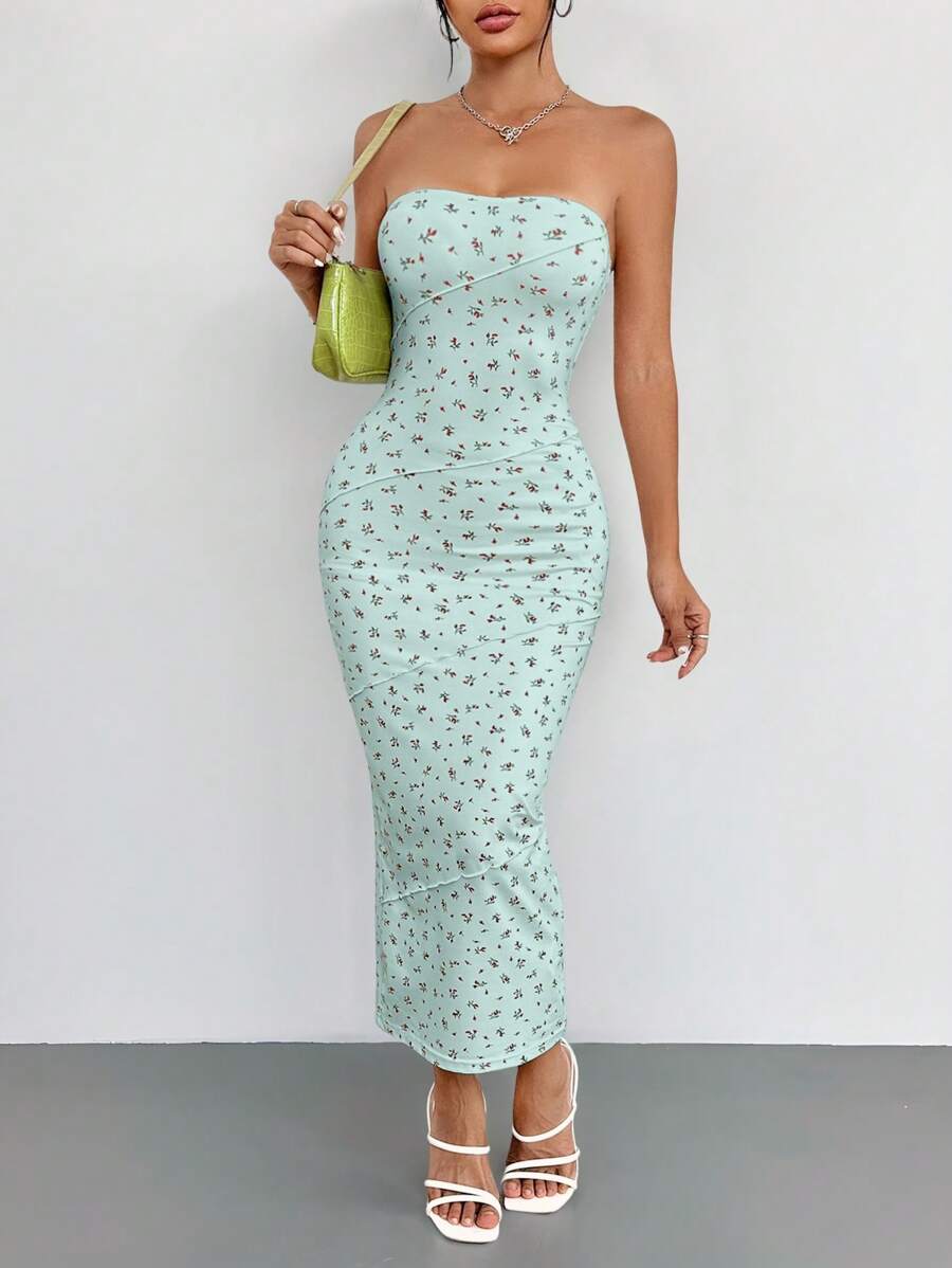 SHEIN PETITE Váy yếm bó sát mùa hè có họa tiết hoa nhỏ, màu hồng - Màu xanh Bạc hà - Xem 1