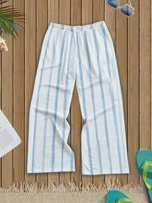 Manfinity KASUA Fashionable Casual Mature Vacation Retro Distressed Stripe Color Block All-Over Digital Print Pattern Standard Size Men's Loose Straight Leg Pants, Ideal For Summer Vacation, Dates, Parties, Couple, Boyfriend Gift - Blue and White - View 1