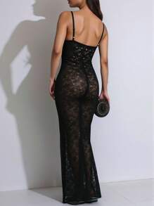 INAWLY 大码性感透明弹力黑色蕾丝紧身连衣裙，派对/俱乐部服装，春/夏 - 黑色 - 查看 2