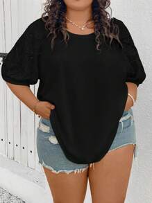 SHEIN CURVE+ 大码女款不同材质拼接上衣，白色T恤 - 黑色 - 查看 8