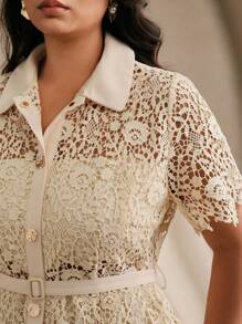 Anewsta 大码女式时尚蕾丝边梭织中长短袖连衣裙，适合节日、假日、优雅、度假的春夏服装 - 杏色 - 查看 1