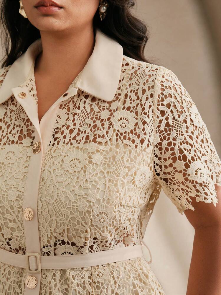 Plus Size Women's Stylish Lace Trim Woven Mid-Length Short Sleeve Dress, Spring/Summer Outfits For Festival, Holiday, Elegant, Vacation