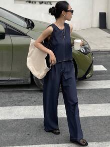 Livesso 女士牛仔无袖上衣和牛仔裤套装 - 深色水洗藍 - 查看 4