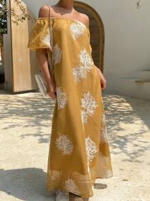 DAZY Vestido médio doce com ombros à mostra, manga bufante e bordado floral