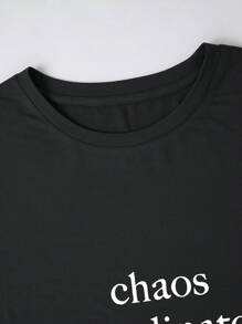 INAWLY Chaos Coordinator 标语黑色宽松休闲女式 T 恤 - 黑色 - 查看 4