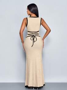 Vestido maxi elegante y sexy con detalles de bloqueo de color, ajuste delgado, cuello redondo, tirantes cruzados en la cintura y espalda, apropiado para vacaciones y estilo casual de resort - Albaricoque - Ver 7