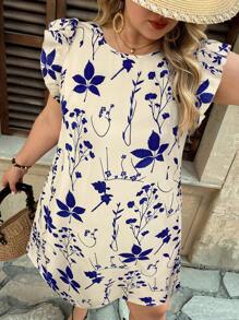 SHEIN VCAY Váy tay lửng họa tiết cây cảnh thường ngày cỡ lớn - Màu xanh hải quân - Xem 6