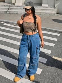 SHEIN ICON Plus Size Casual Multi-Pocket Loose Fit Cargo Denim Jeans - Blue - View 3