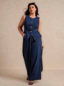 Elaquor Conjunto de 2 piezas de talla grande de denim: chaleco sin mangas y pantalones