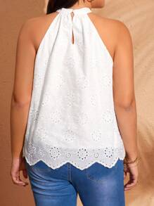 EMERY ROSE Plus Size Summer Minimalist Elegant Solid Color Hollow-Out Embroidery Halter Blouse Summer For Women - White - View 2
