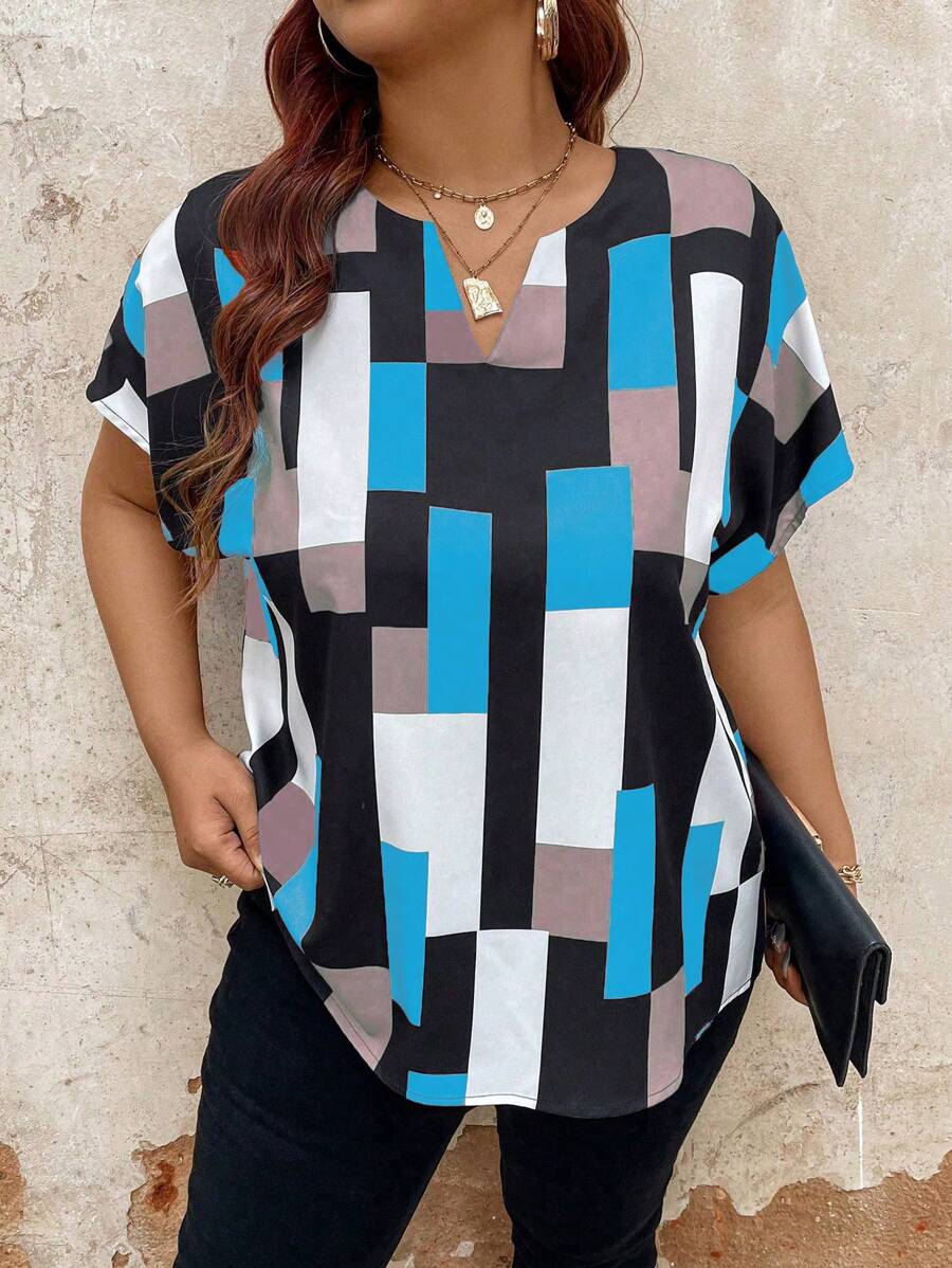 EMERY ROSE 大码女式几何印花缺口V领蝙蝠袖休闲衬衫 - 藍色 - 查看 1