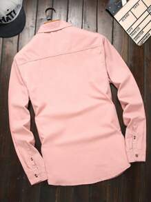 Manfinity Homme Men's Solid Front-Button Pocket Long Sleeve Casual Denim Shirt - Pink - View 2