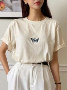 DAZY Camiseta con bordado de mariposa de manga murciélago - Beis - Ver 4