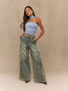 MISSGUIDED 缎面抹胸领口束身衣无袖派对俱乐部晚会时尚短款修身 Y2K 美学夏季春季夜间外出上衣 - 淺藍色 - 查看 4