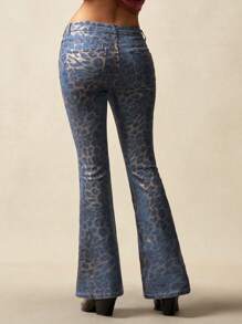 Bohemela Damen Jeans mit goldfarbenem Foliendruck, Schlag-Bein-Form, niedriger Bundhöhe 599119