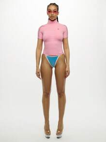 SUMWON WOMEN Half Zip Mock Neck Sporty Slim Fit Crop Top Casual Active Spring Summer Short Sleeve Polo - Pink - View 3