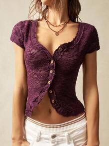 Bohemela Solid Color Knit Lace Short Sleeve V-Neck Fitted Women Blouse Purple - Purple - View 6