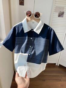 SHEIN Boys' Tween Casual Versatile Comfortable Striped Printed Collared Open Front Loose Woven Shirt, Suitable For Commuting, School, Daily Casual, Travel, Sports, Spring/Summer - Multicolor - View 2