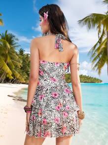 ROMWE Avant Đầm cổ bèo nhún họa tiết hoa 3D trang trí họa tiết ngựa vằn, báo và hoa dâm bụt lãng mạn dành cho kỳ nghỉ của phụ nữ - Màu be - Xem 2