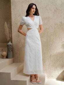 Chiquease Music Festival Elegant Geometric Hollow V-Neck Short Sleeve Cross Cut-Out Waist White Maxi Dress - White - View 3